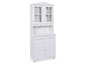 Buffet en bois blanc avec portes vitrées et tiroirs.