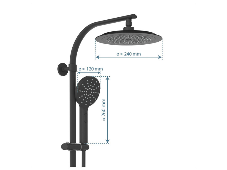 Une pomme de douche noire avec un diamètre de 240 mm et une douchette à main avec un diamètre de 120 mm.