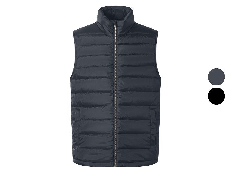 Gilet matelassé pour homme bleu foncé avec fermeture éclair et deux poches, avec options de couleur gris et noir.
