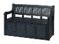 Un banc de rangement de jardin noir avec un aspect bois.