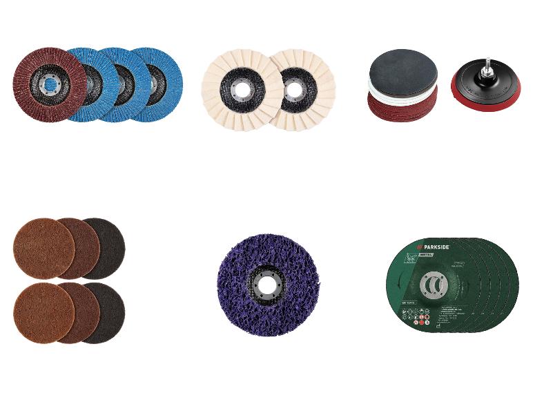 Assortiment de disques de ponçage et polissage Parkside, incluant disques à lamelles, feutre et fibre.