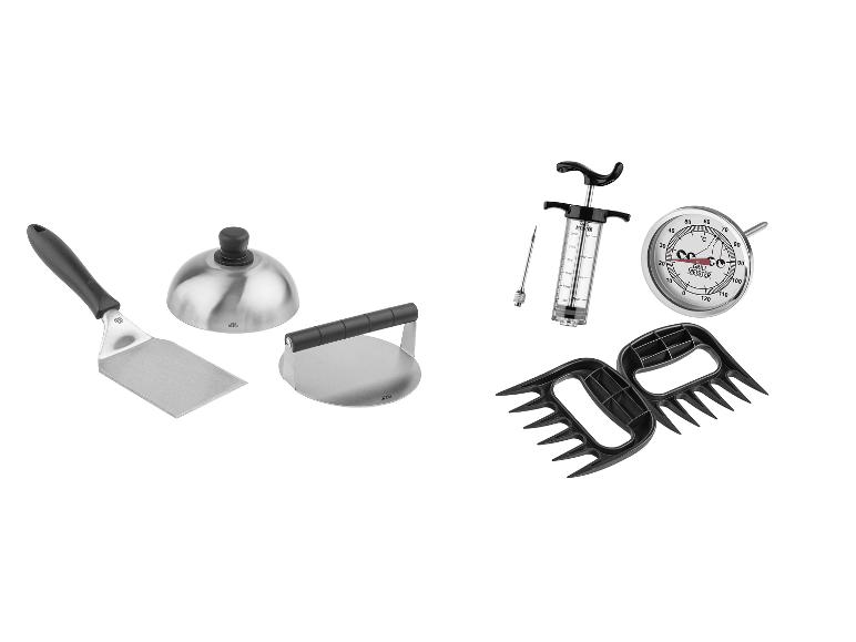 Ensemble d'ustensiles de barbecue comprenant une spatule, une presse, un injecteur à marinade, un thermomètre et des griffes à viande.