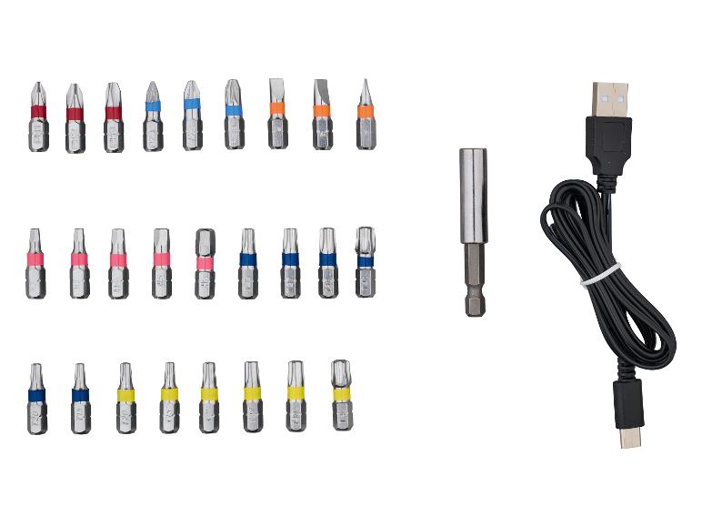 Ensemble d'embouts de tournevis avec diverses têtes, un support magnétique et un câble de charge USB.