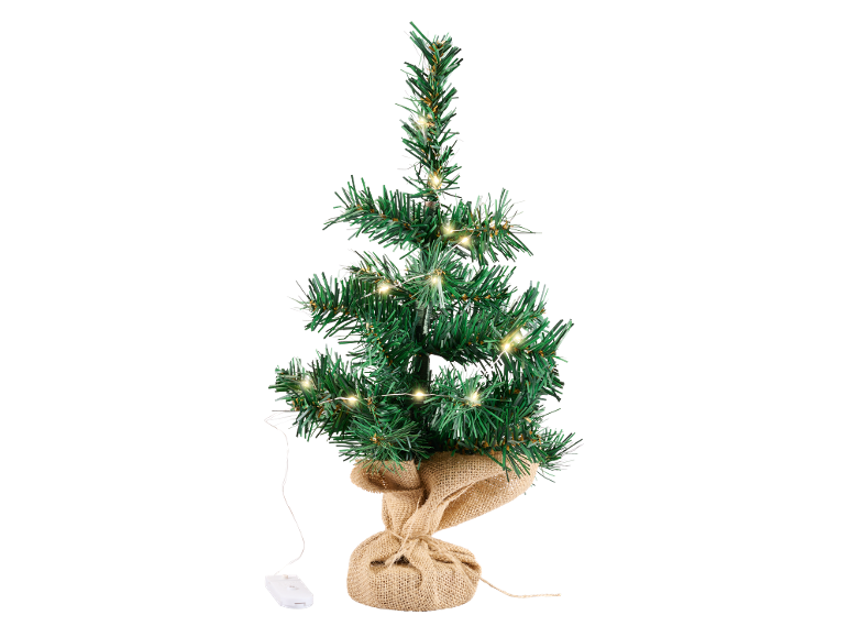 Petit sapin de Noël artificiel avec lumières LED et base en sac de jute.