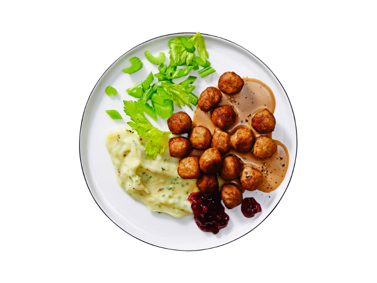 Boulettes de viande Culinea Köttbullar servies avec purée, sauce, airelles et céleri