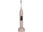 Brosse à dents électrique or rose avec base de chargement, avec des poils bleus et blancs.