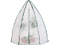 Serre de jardin avec couverture transparente et bordure verte, contenant des plantes en pot.