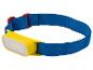 Lampe frontale jaune et bleue avec bandeau ajustable.