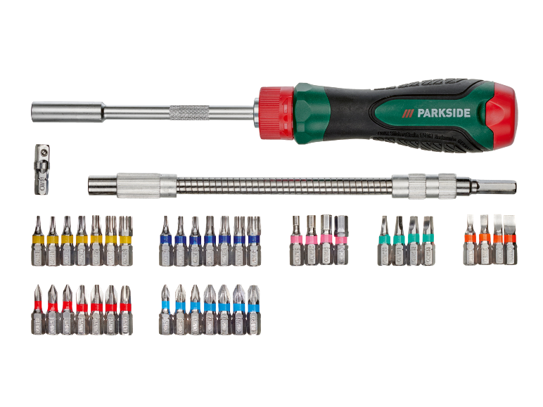 Ensemble de tournevis avec tige flexible, porte-embouts et embouts variés.