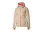 Veste de ski beige avec capuche et fermeture éclair orange.