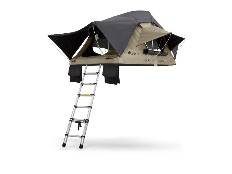 Tente de toit avec échelle, beige et grise, sur fond blanc