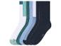 Six paires de chaussettes en blanc, nuances de vert et de bleu, et bleu foncé, taille 35-38.