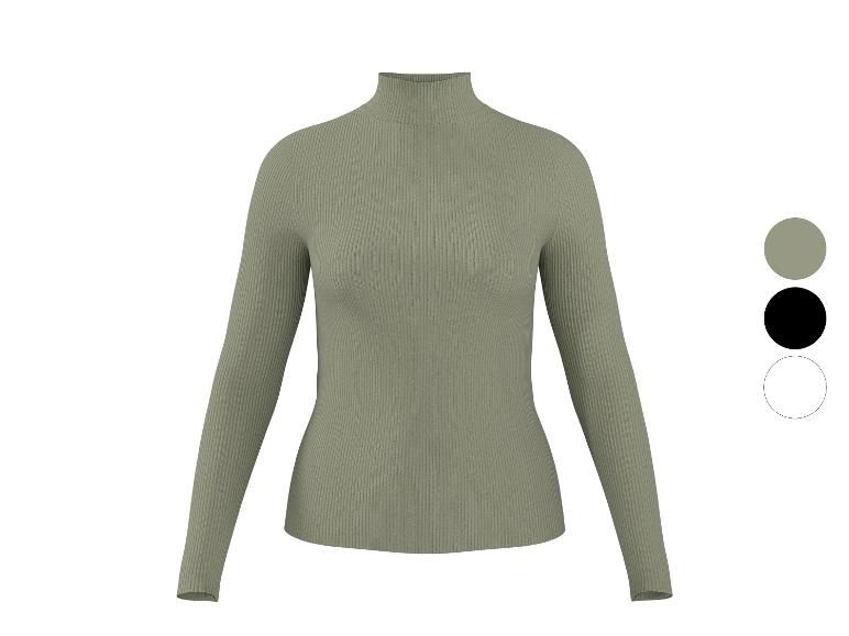 Pull côtelé à col montant vert kaki pour femme, avec options de couleur noir et blanc.