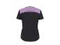 Haut de sport à manches courtes pour femme en noir avec empiècement supérieur violet et bande réfléchissante.