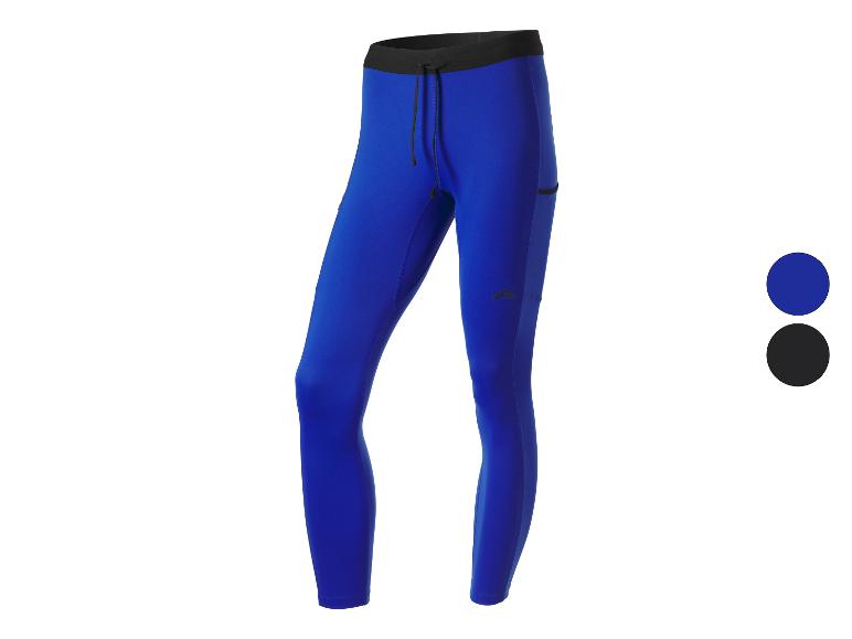 Legging de sport bleu pour homme avec taille noire et cordon de serrage, avec poche latérale.