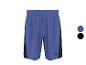 Short de sport bleu avec empiècements latéraux noirs et taille élastique.