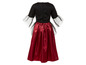 Une robe en satin rouge avec un haut noir et des manches transparentes.