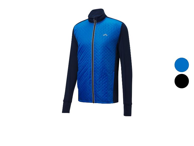 Veste de sport matelassée bleue et noire avec fermeture éclair, avec options de couleur bleue et noire.