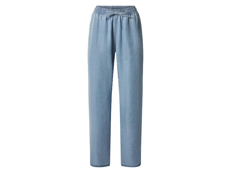 Pantalon large femme bleu clair avec taille élastique et cordon de serrage.