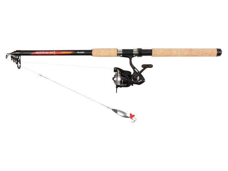 Une canne à pêche Paladin Concept Hech-Zander 270 avec moulinet et leurre.
