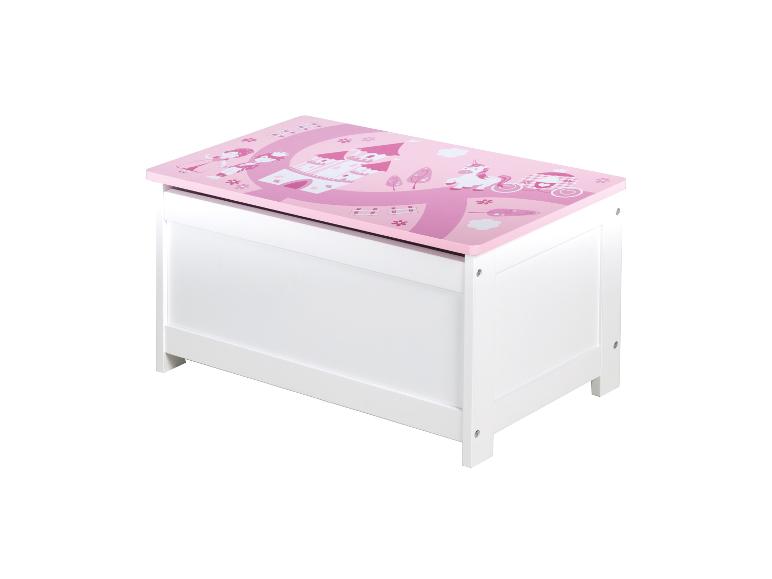 Coffre à jouets blanc avec couvercle rose sur le thème princesse et licorne