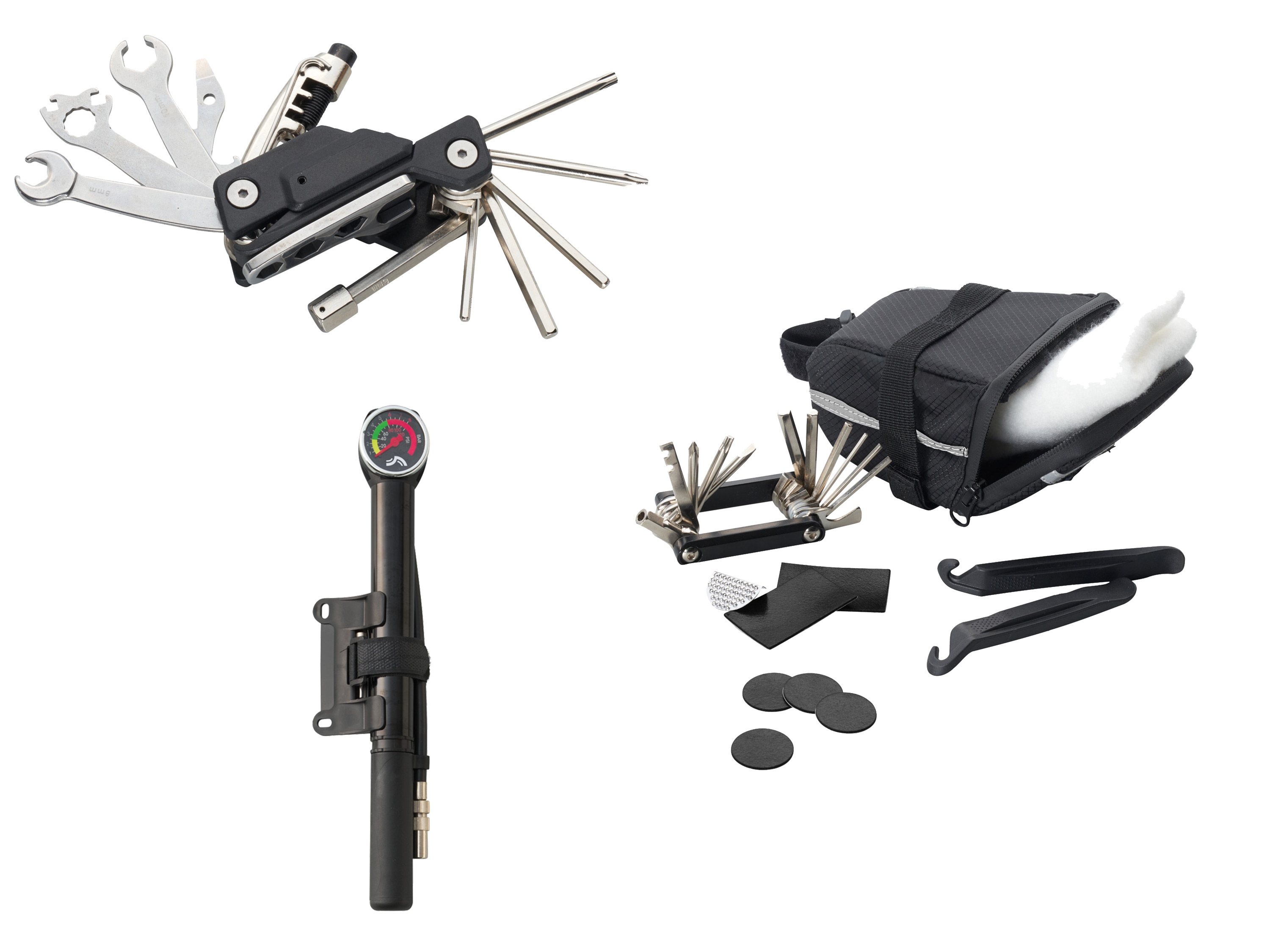 CRIVIT Outil multifonction pour vélo ou sacoche de selle avec outils ou mini-pompe à manomètre