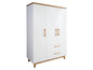 Une armoire blanche à deux portes et deux tiroirs.