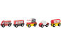 Ensemble de train jouet en bois avec camion de pompiers, wagon de marchandises, barrière et wagon-citerne.