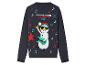 Un pull de Noël bleu avec un bonhomme de neige jouant de la guitare.