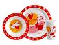 Service de table Minnie Disney : assiette, bol, gobelet, cœurs rouges.