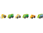 Six véhicules jouets en bois: rouleau compresseur, camion poubelle, chargeuse, camion benne, dépanneuse et camion.