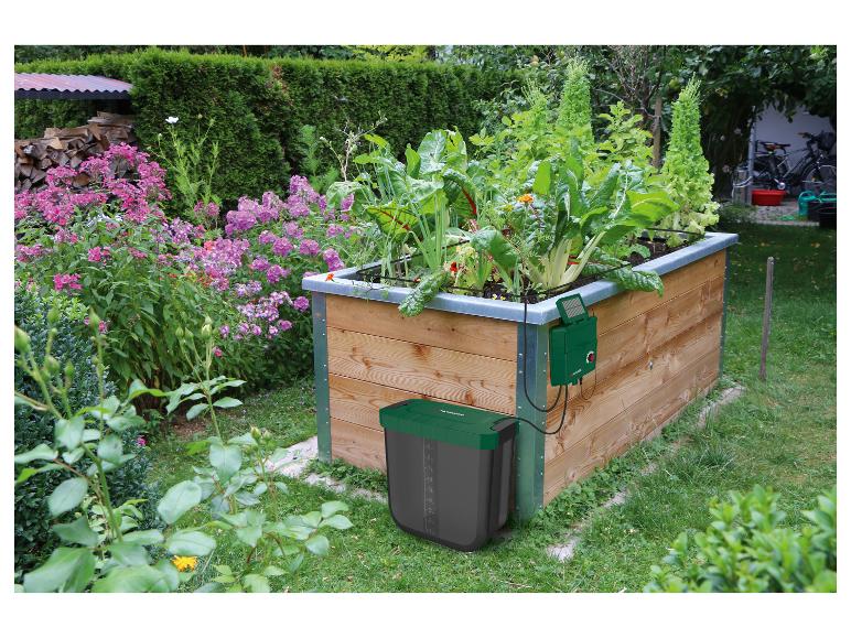 Système d'arrosage avec réservoir et panneau solaire dans un potager surélevé en bois avec légumes et fleurs.