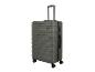 Une grande valise rigide vert foncé avec une poignée extensible et quatre roulettes.