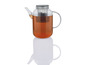 Une théière en verre avec un infuseur à thé intégré.