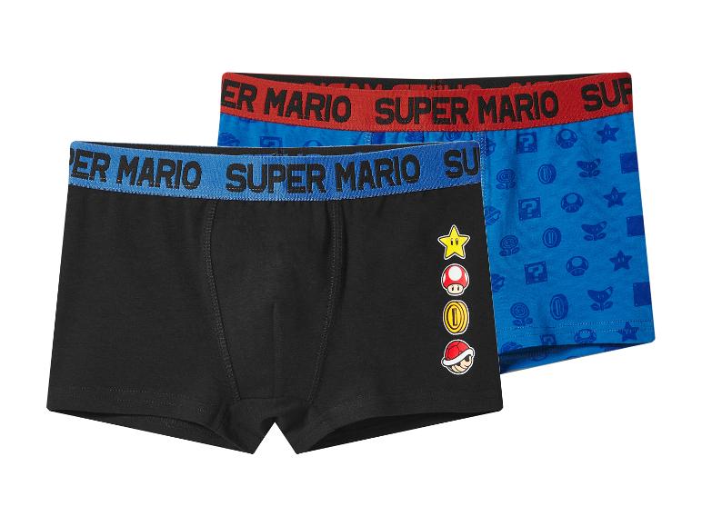 Deux boxers avec imprimés de personnages de jeux vidéo, un noir, un bleu.