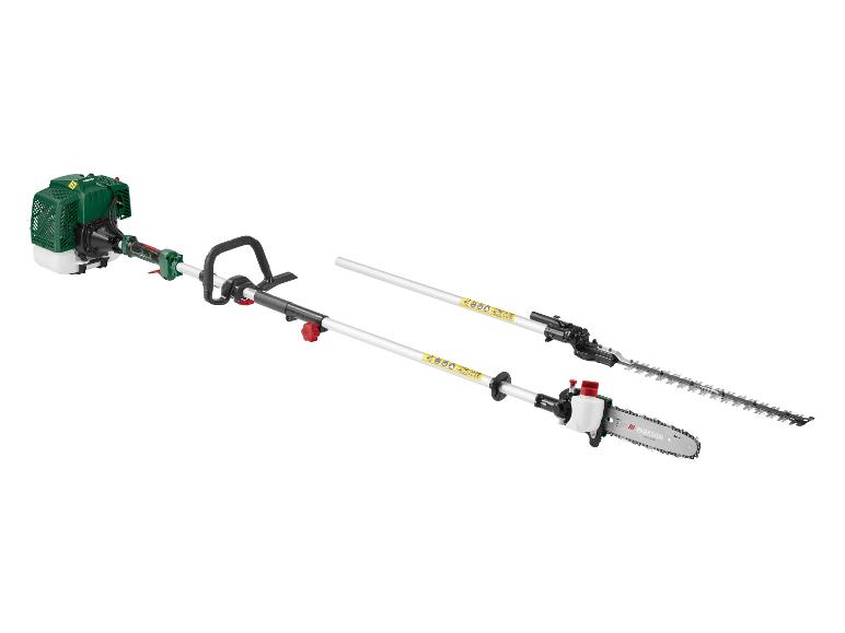 Outil de jardin multifonction avec moteur, poignée, taille-haie et tronçonneuse.