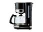 Cafetière noire avec verseuse et échelle de mesure, sur fond blanc.