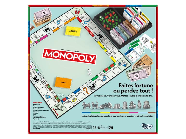 Jeu de société Monopoly avec plateau, pions et argent.