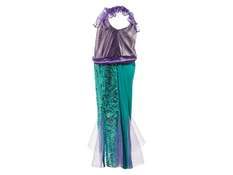 Une robe de sirène de couleur violette et turquoise à paillettes.