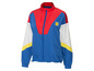 Une veste de survêtement bleue avec des détails rouges et blancs et le logo Lidl.