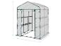 Serre de jardin transparente avec cadre vert et étagères, avec dimensions indiquées.