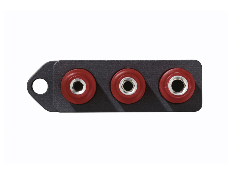 Trois connecteurs de haut-parleur rouges sur une bande noire.