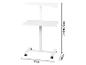 Bureau mobile blanc réglable en hauteur (71,5-112,5 cm) avec deux plateaux, 71 cm de large et 48 cm de profondeur.