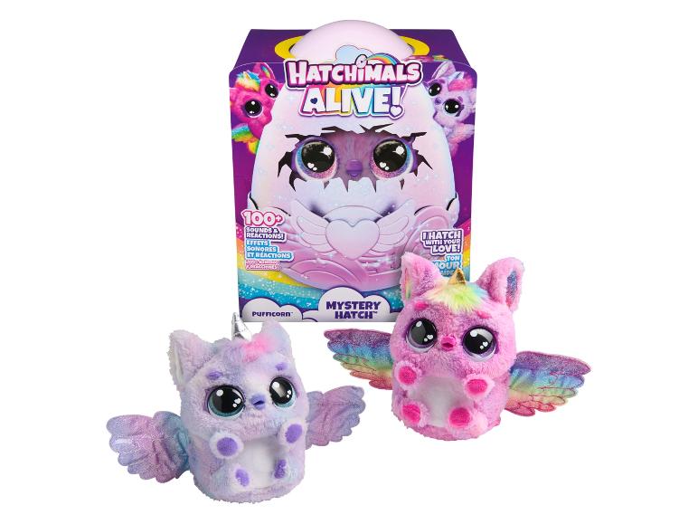 Jouets Hatchimals Alive Pufficorn avec œuf mystère et deux figurines en peluche.