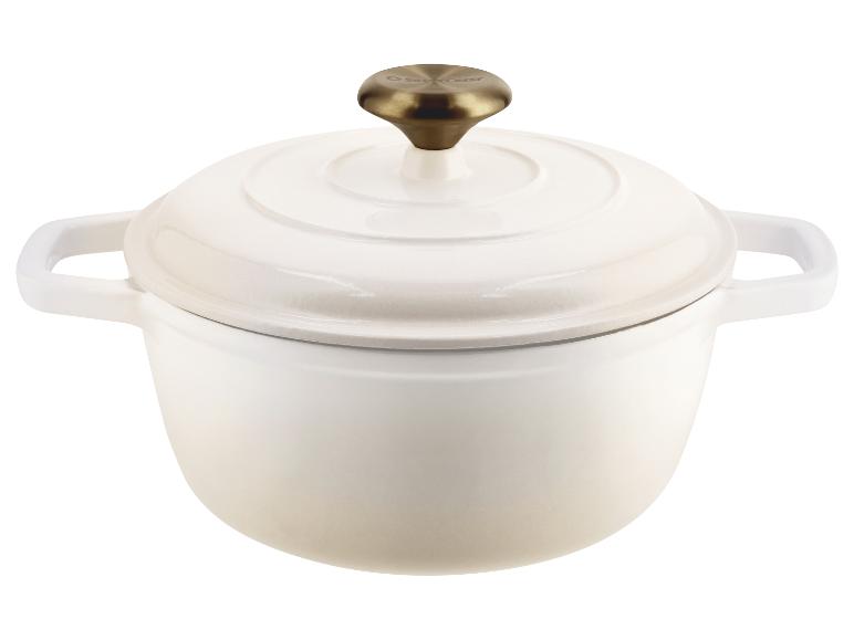 Cocotte en fonte émaillée blanche avec couvercle et bouton en laiton