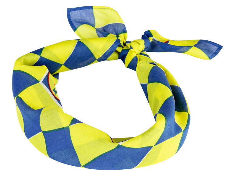 Un bandana jaune et bleu à carreaux.