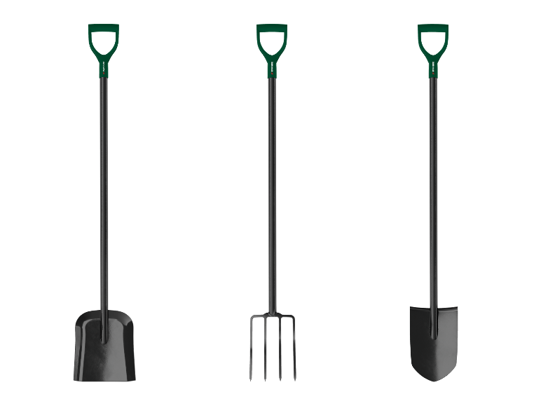 Ensemble d'outils de jardin PARKSIDE®: bêche pointue, pelle et fourche à bêcher.