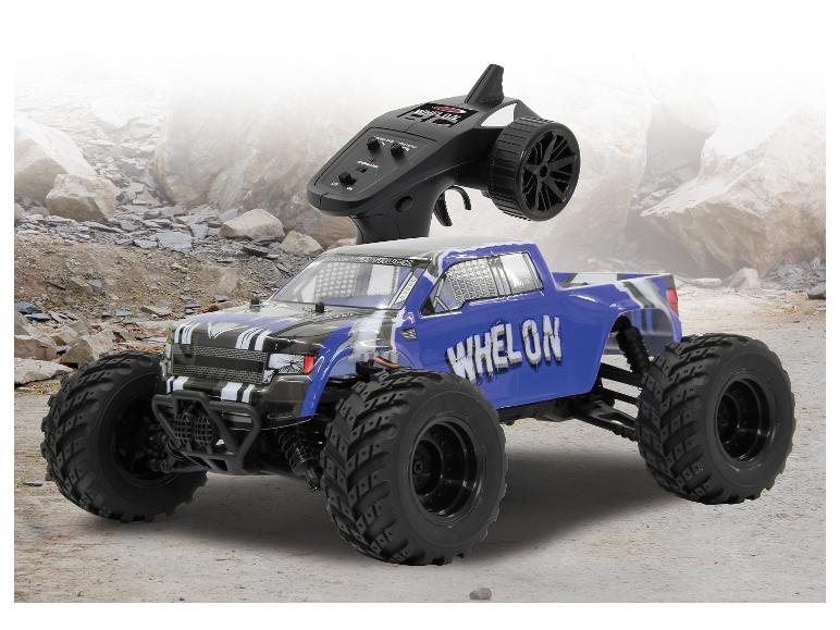 Monster truck télécommandé Whelon, bleu et noir, avec sa télécommande.