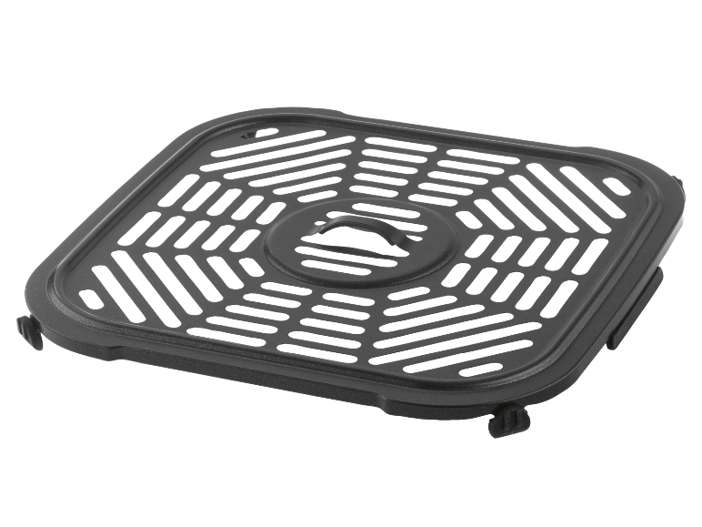 Grille de friteuse à air carrée noire avec motif perforé et poignée centrale.