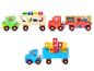 Trois camions jouets en bois, dont un sur le thème de Peppa Pig, avec des fonctions de tri de formes et d'empilage.